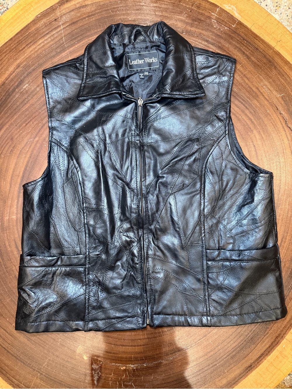 Women's Black Leather Zip Vest